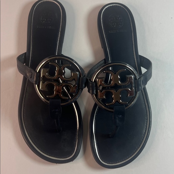 Tory Burch Shoes - Tory Burch Miller Sandals 8M Navy Blue Silver Logo Leather Thong Flip Flop